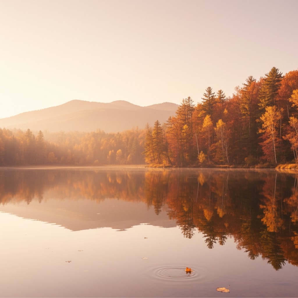 Lago en otoño con montañas y reflejo en el agua, atmósfera serena y contemplativa